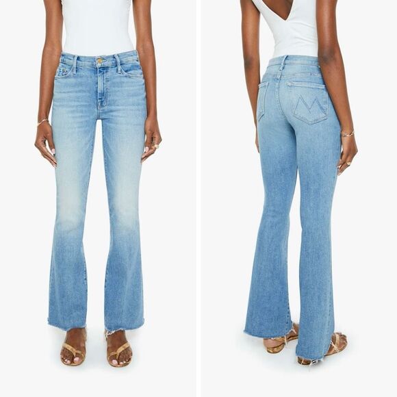 NEW Mother The Weekender Fray Mid Rise FIare Jeans Size 29 Glow Up Blue Denim - Picture 1 of 16